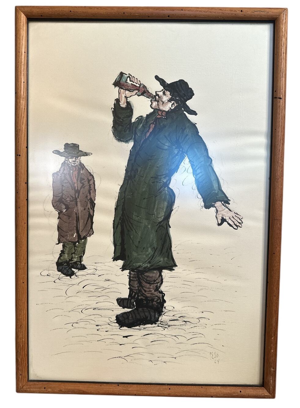 Signed PESO 64" Ink Watercolors Two Man Hat & Long Coat Drinking Framed Art